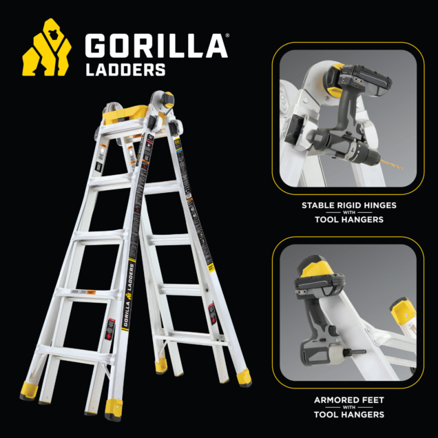 Gorilla Ladders showcasing white ladder with yellow accents; text: "Stable rigid hinges with tool hangers" and "Armored feet with tool hangers."