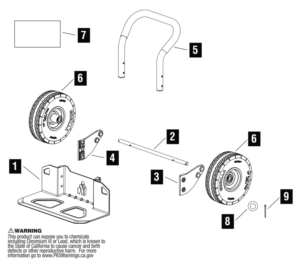 Exploded diagram of Gorilla Made hand truck parts. Warning text: chemical exposure.