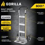Gorilla hand truck featuring wide grip handle, non-slip rail pads, and flat-free wheels. Text: "800 LB max capacity."