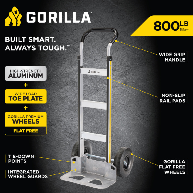 Gorilla hand truck featuring wide grip handle, non-slip rail pads, and flat-free wheels. Text: "800 LB max capacity."