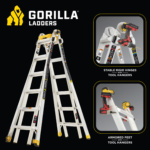 Gorilla Ladders infographic featuring white ladder with tool hangers and stable hinges.