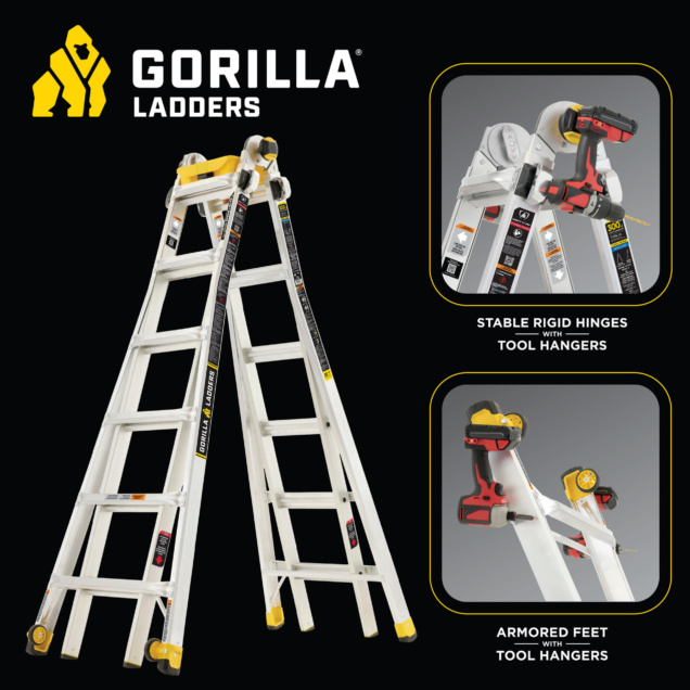 Gorilla Ladders infographic featuring white ladder with tool hangers and stable hinges.