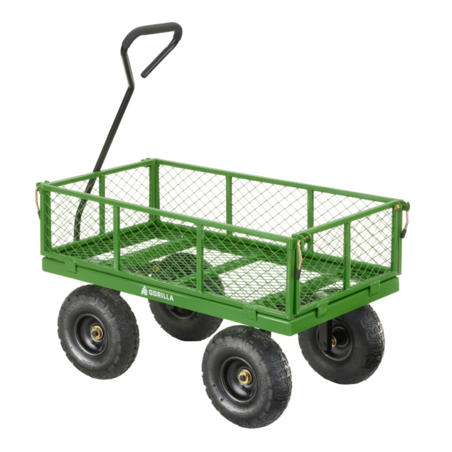 Green Gorilla utility cart with black handle and four black wheels.