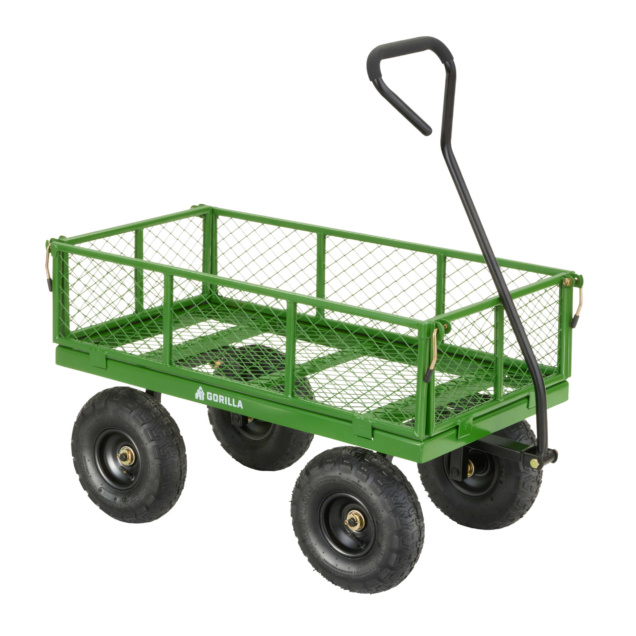 Green Gorilla utility cart with wire mesh sides and four heavy-duty wheels.