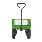 Green utility cart with mesh sides, black handle, and four heavy-duty tires.