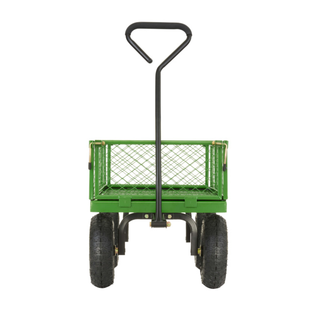Green utility cart with mesh sides, black handle, and four heavy-duty tires.