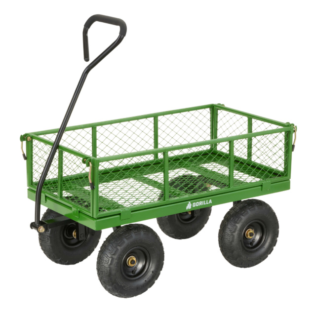Green Gorilla Made utility cart with black handle and mesh sides, featuring four large wheels.