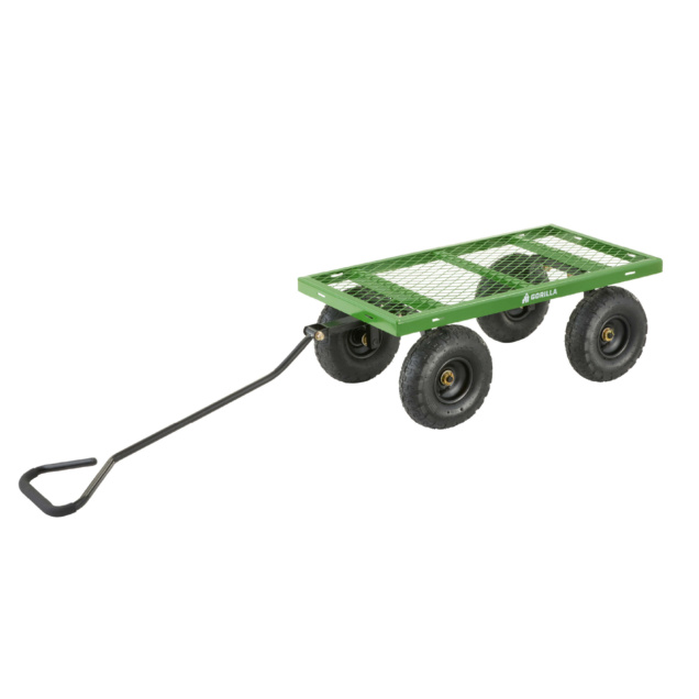 Green metal utility cart with four wheels and a long black handle.