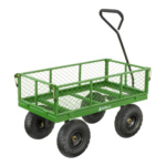 Green metal utility cart with black handle and wheels. Text: "GORILLA".