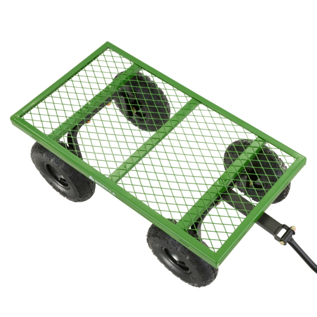 Green metal utility cart with black wheels, designed for heavy-duty tasks.