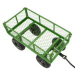 Green metal utility cart with a mesh frame and black wheels, designed for durability.