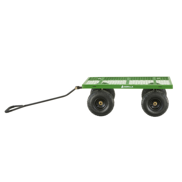 Green Gorilla utility cart with four thick tires and a long handle, ideal for tough tasks.