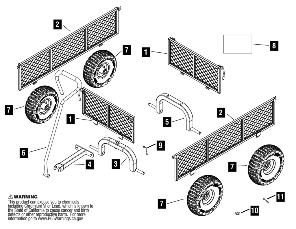 Exploded view of GOR 2 replacement parts, including frames, wheels, and a warning label.