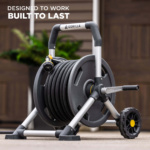 Gorilla Made hose reel with black and gray design. Text: "DESIGNED TO WORK, BUILT TO LAST."