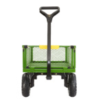 Green utility cart with mesh sides, black handle, and four rugged wheels.