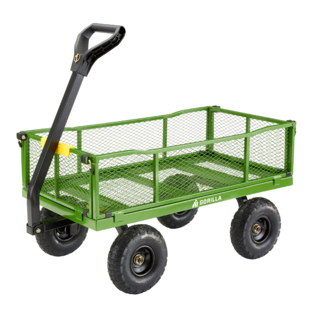 Green Gorilla utility cart with black handle and mesh sides, "Gorilla" logo visible.