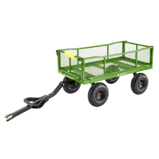 Green Gorilla Made utility cart with mesh sides and four large black wheels.