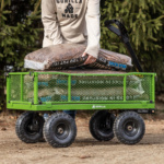 Person loading mulch onto a green Gorilla Made cart with "Gorilla" logo visible.