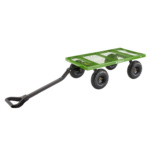 Green Gorilla Made utility cart with four black wheels and a long black handle.