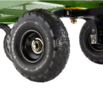 Close-up of a Gorilla Carts black tire with "Gorilla Carts" text on the tread, green frame above.