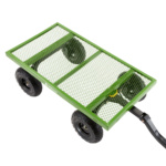 Green Gorilla Made utility cart with mesh platform and four black wheels.