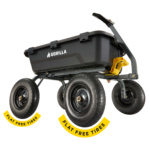 Black heavy-duty Gorilla cart with four flat-free tires. Text: "FLAT FREE TIRES."