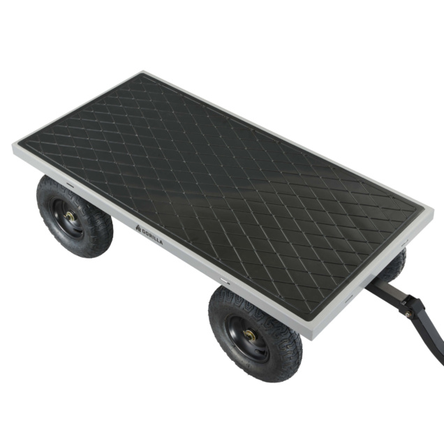 Black utility cart with diamond-patterned surface, four wheels, and "GORILLA" branding.