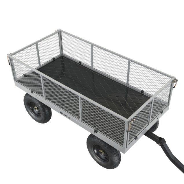 Heavy-duty Gorilla Made utility cart with mesh sides and black platform.