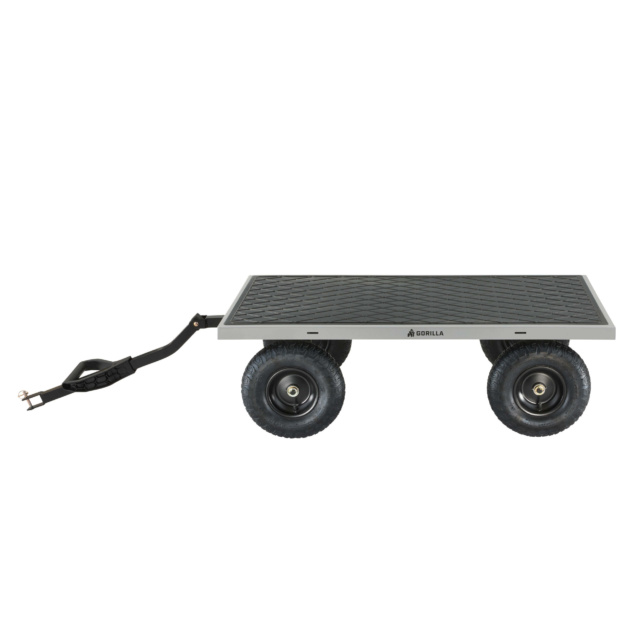 Heavy-duty Gorilla Made cart with black platform, four wheels, and pull handle.
