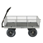 Gray utility cart with mesh sides, black handle and wheels, branded "Gorilla."