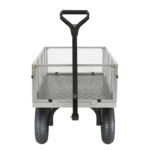 Gray metal utility cart with mesh sides and black handle, by Gorilla Made.