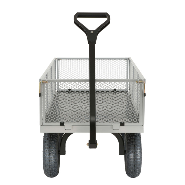 Gray metal utility cart with mesh sides and black handle, by Gorilla Made.