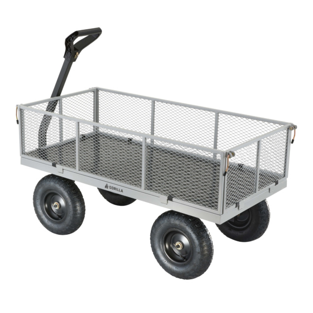 Gray Gorilla utility cart with mesh sides and black wheels.