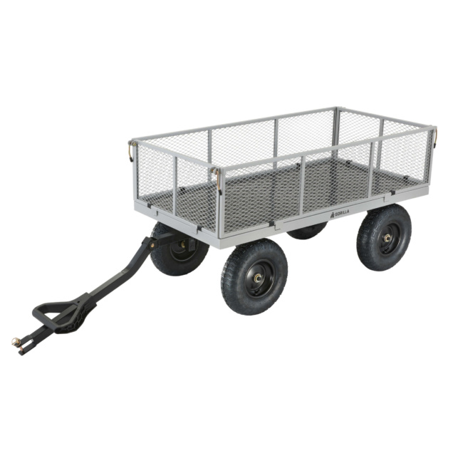 Gorilla utility cart with steel mesh sides, gray color, and black tires.