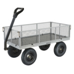 Heavy-duty gray metal cart with mesh sides, black handle, and four rugged wheels. Gorilla branding.