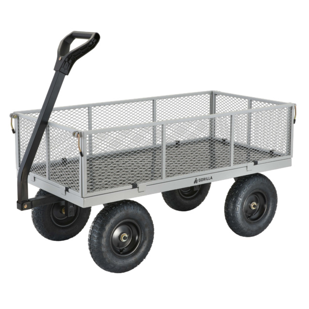 Heavy-duty gray metal cart with mesh sides, black handle, and four rugged wheels. Gorilla branding.