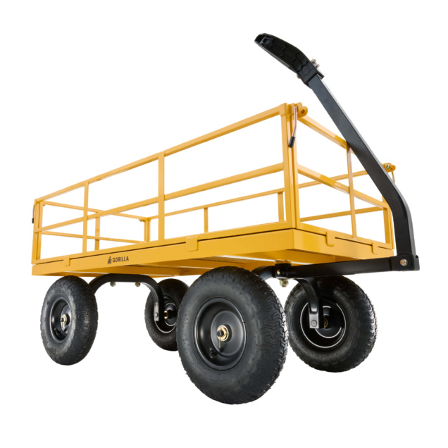 Yellow heavy-duty utility cart with four large black tires, marked "GORILLA."