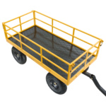 Yellow utility cart with black diamond-patterned base, attached handle. "GORILLA" logo visible.