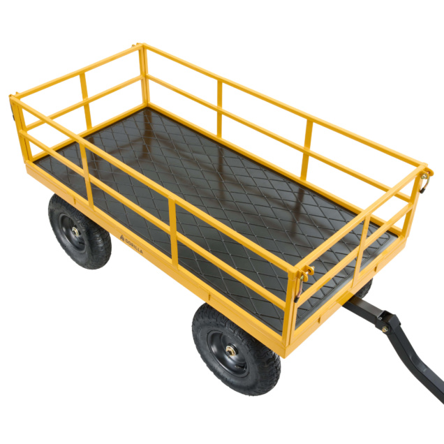 Yellow utility cart with black diamond-patterned base, attached handle. "GORILLA" logo visible.