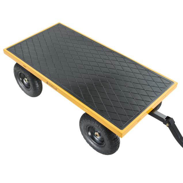 Yellow and black Gorilla Made utility cart with four large wheels and diamond-patterned surface.