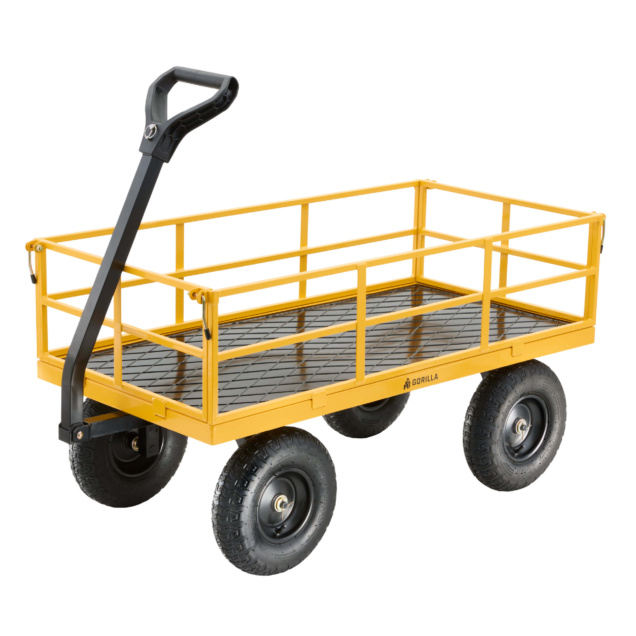 Yellow Gorilla utility cart with black handle and four large black tires.