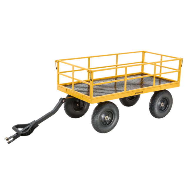 Yellow Gorilla Made utility cart with black wheels and handle, text "GORILLA" on side.