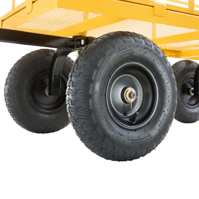 Yellow utility cart with black wheels. Text: "GORILLA CARTS," "MAX 600 LB," "15x5 Turf Tire."
