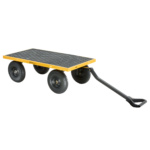 Yellow Gorilla Made utility cart with a black platform and four large wheels.