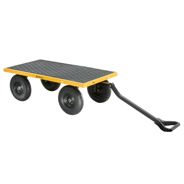 Yellow Gorilla Made utility cart with a black platform and four large wheels.