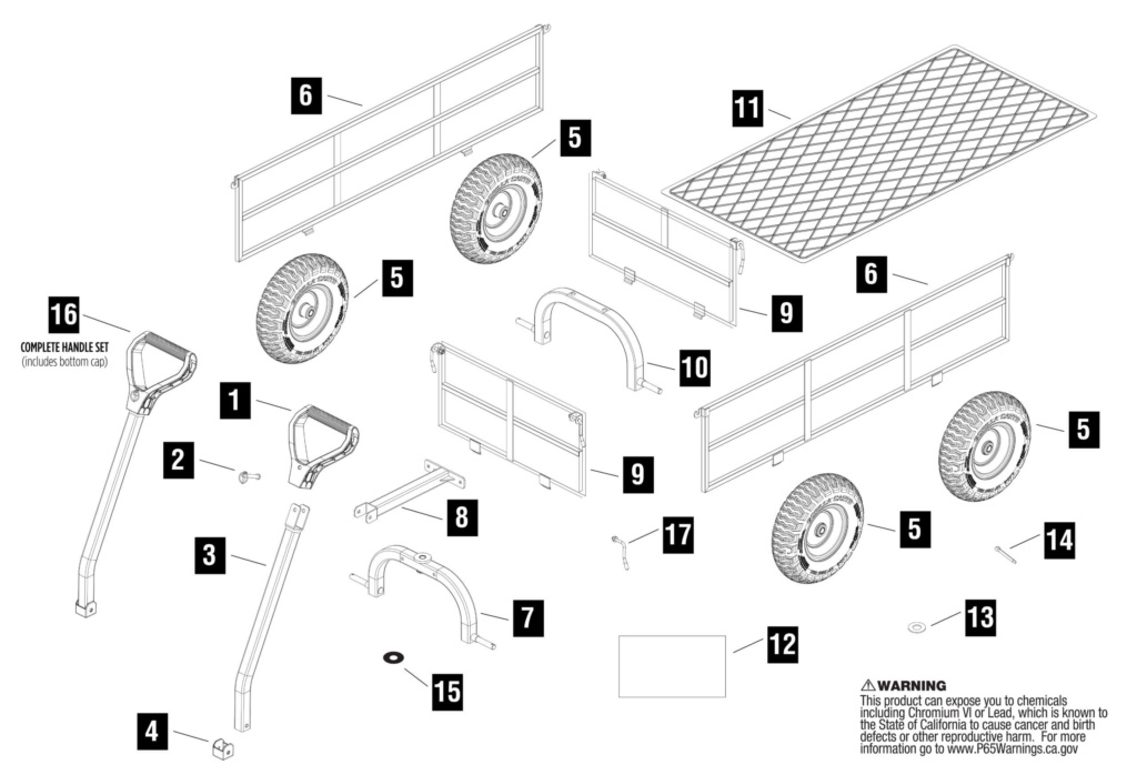 Exploded diagram of Gorilla Made utility cart components with labeled parts and warning text.