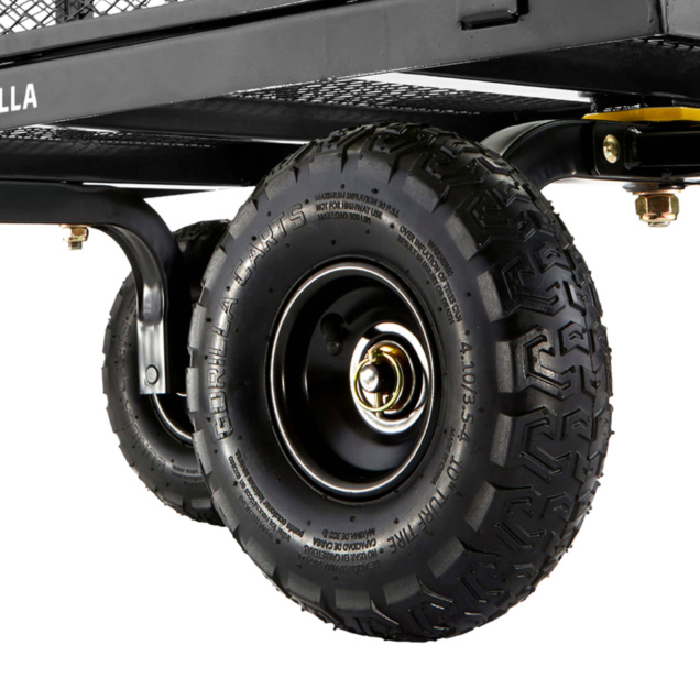 Close-up of a black Gorilla Cart tire featuring detailed tread pattern. Text: "4.10/3.5-4".