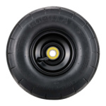 Black replacement tire with "GORILLA" text, showing a valve and yellow rim.