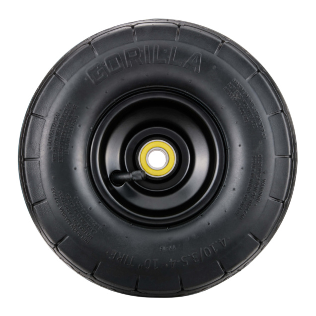 Black replacement tire with "GORILLA" text, showing a valve and yellow rim.