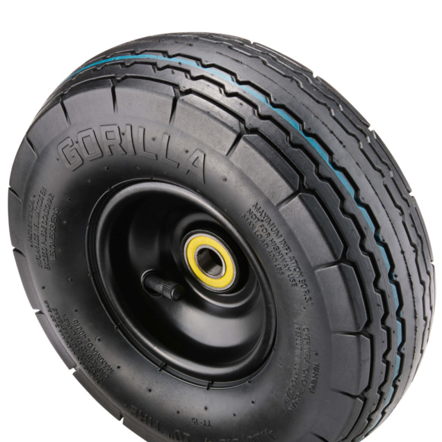 Gorilla brand tire with rugged tread pattern, black with blue stripe accents.